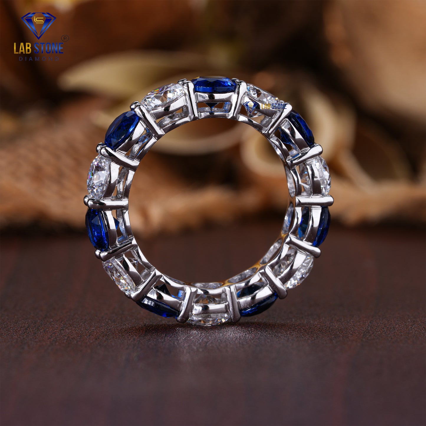 6.72 TDW Round Cut Diamond & Blue Round Gemstone Women’s Eternity Band