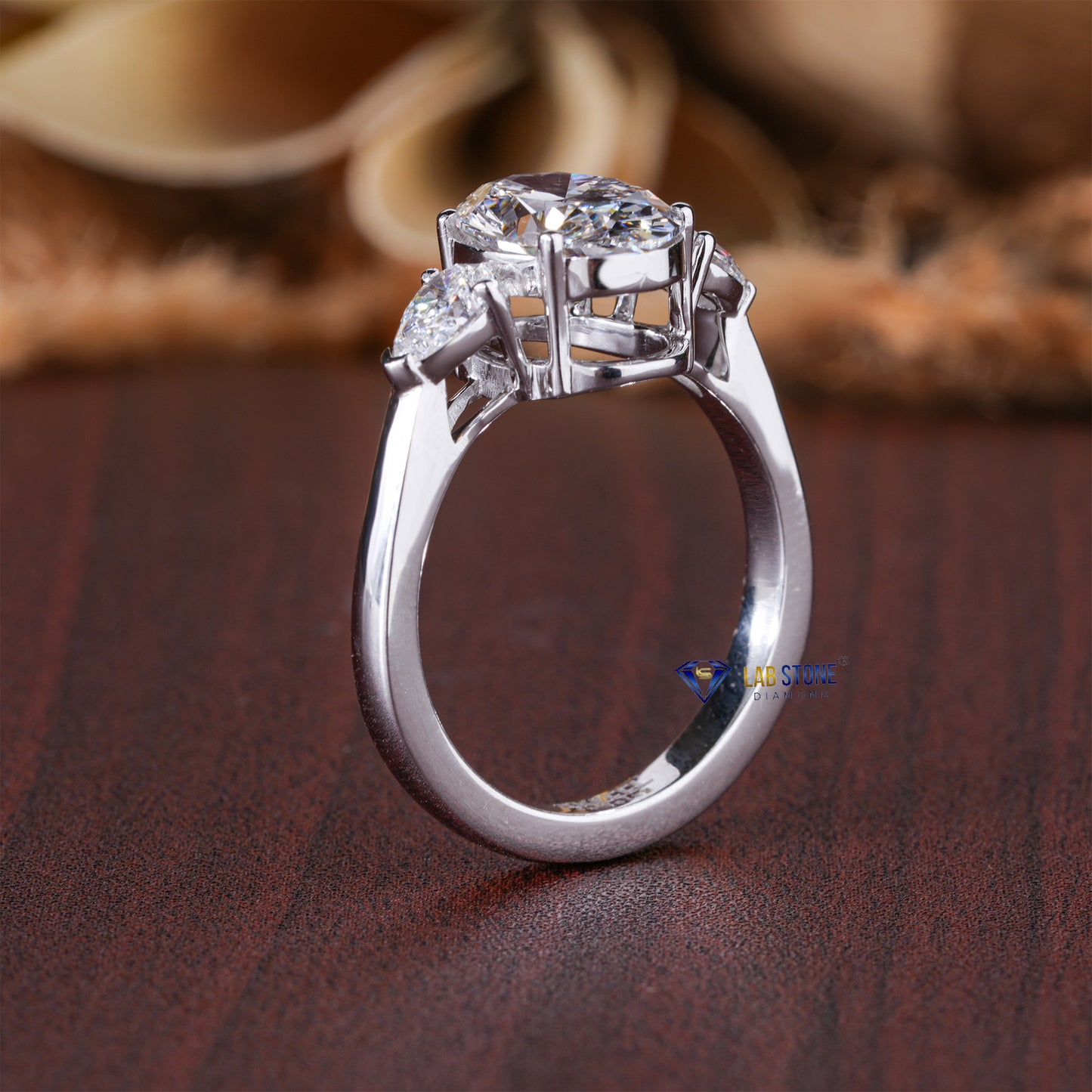2.50 TDW Oval & Pear Cut Diamond Women's Three Stone Ring