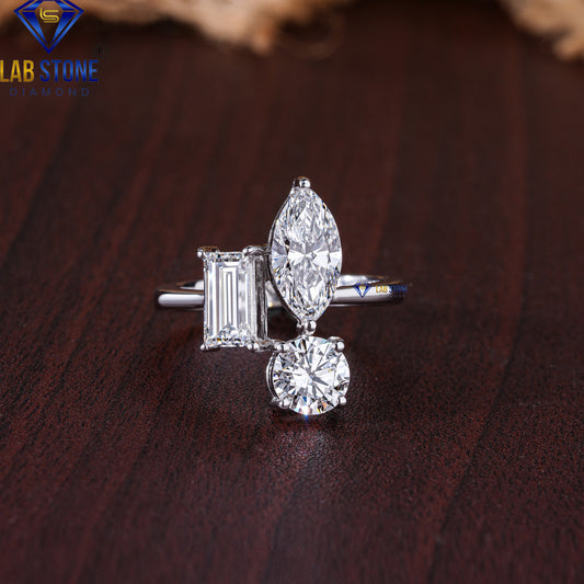 2.19 TDW Round, Marquise & Baguette Cut Diamond Women's Three Stone Ring