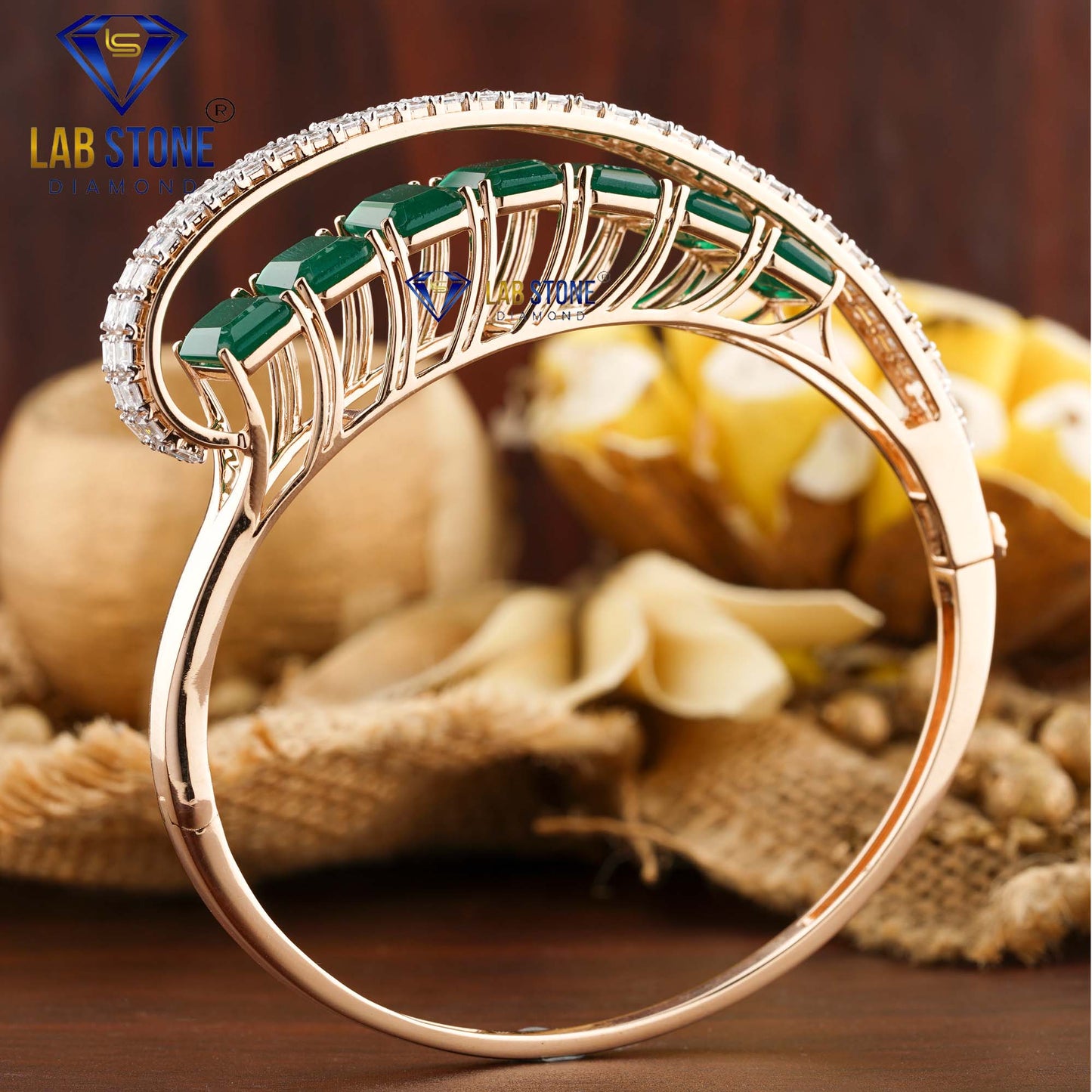 17.10 TDW Carré Diamond & Fancy Green Emerald Gemstone Bangle Bracelet