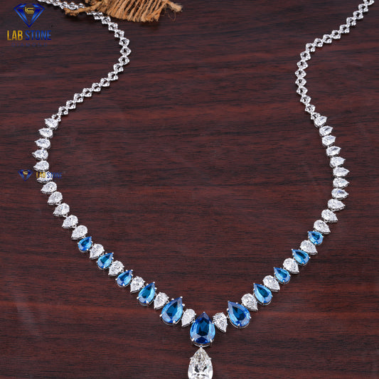 60.87 TDW Pear Cut Diamond & Sapphire Gemstone Charm Necklace