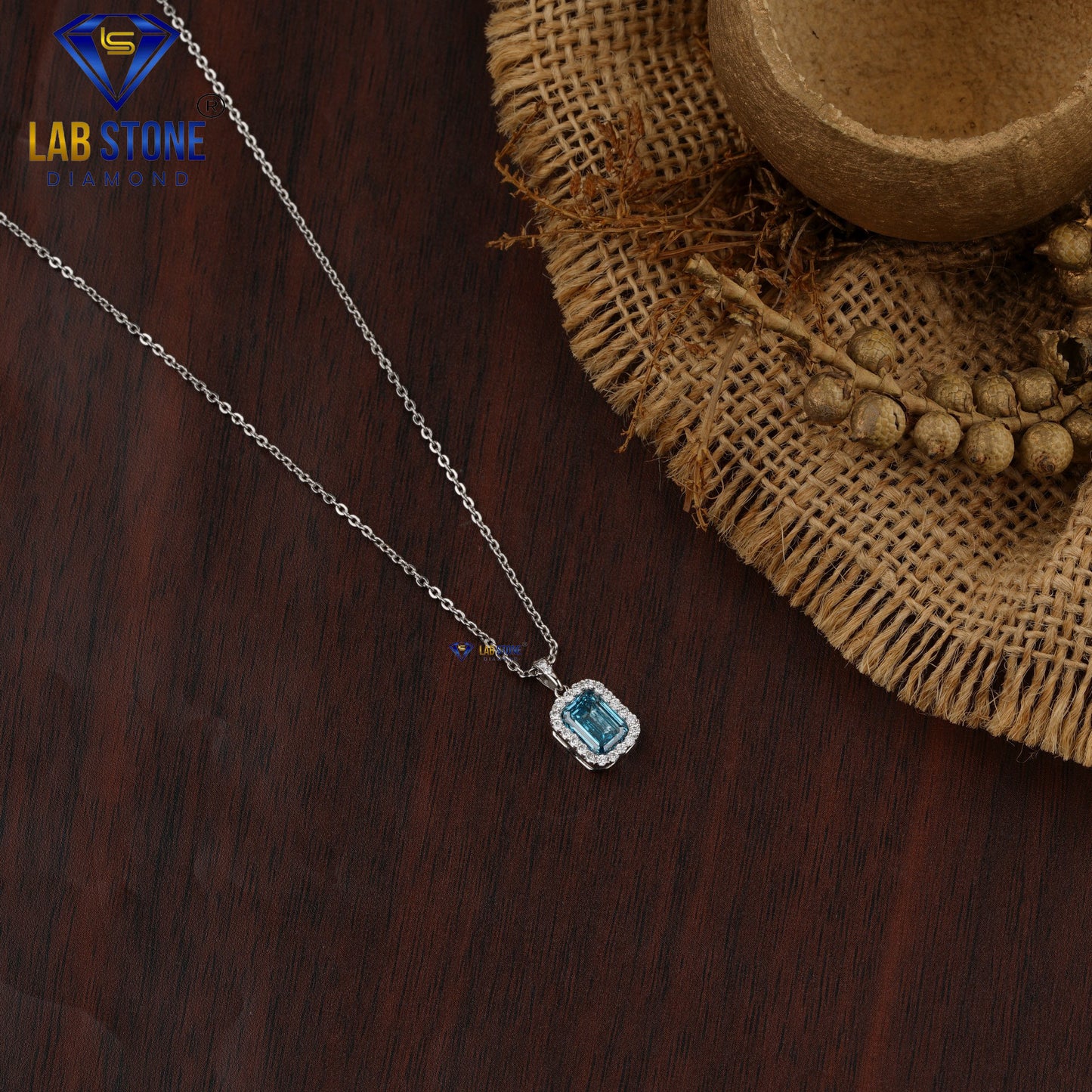 1.101 TDW Fancy Blue Emerald & Round Cut Diamond Custom Pendant With Chain