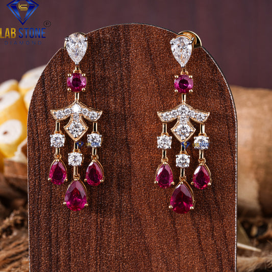 6.10 TDW Ruby Gemstone & Round Cut Diamond Drop & Dangle Earring