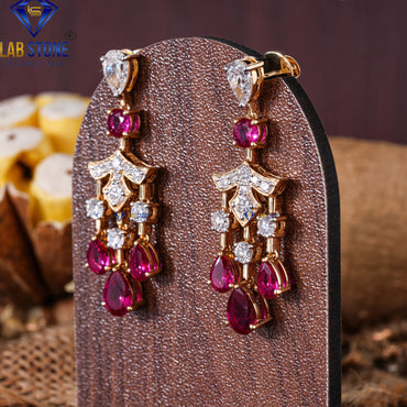 6.10 TDW Ruby Gemstone & Round Cut Diamond Drop & Dangle Earring