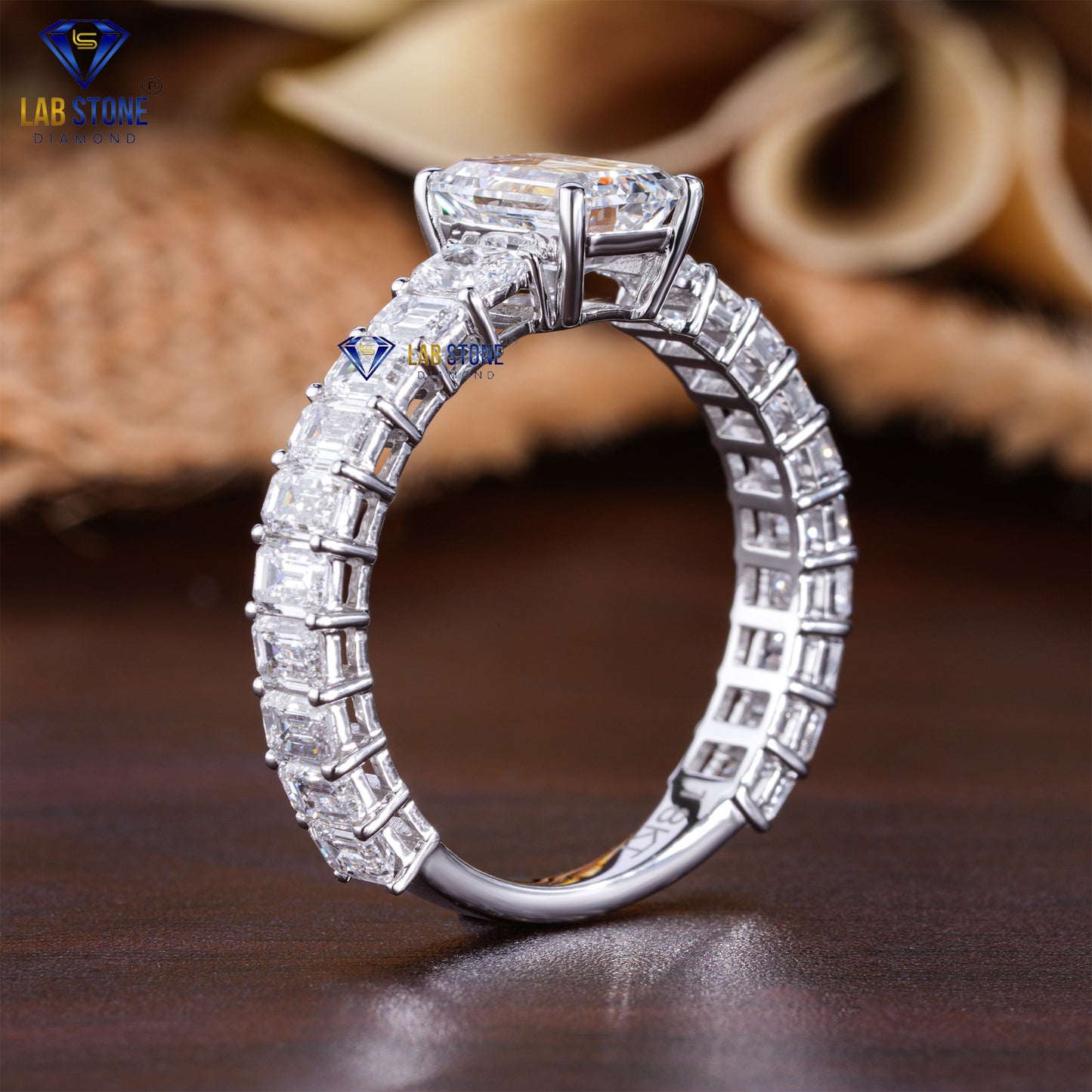 3.71 TDW Emerald & Radiant Cut Women's Diamond Engagement Ring