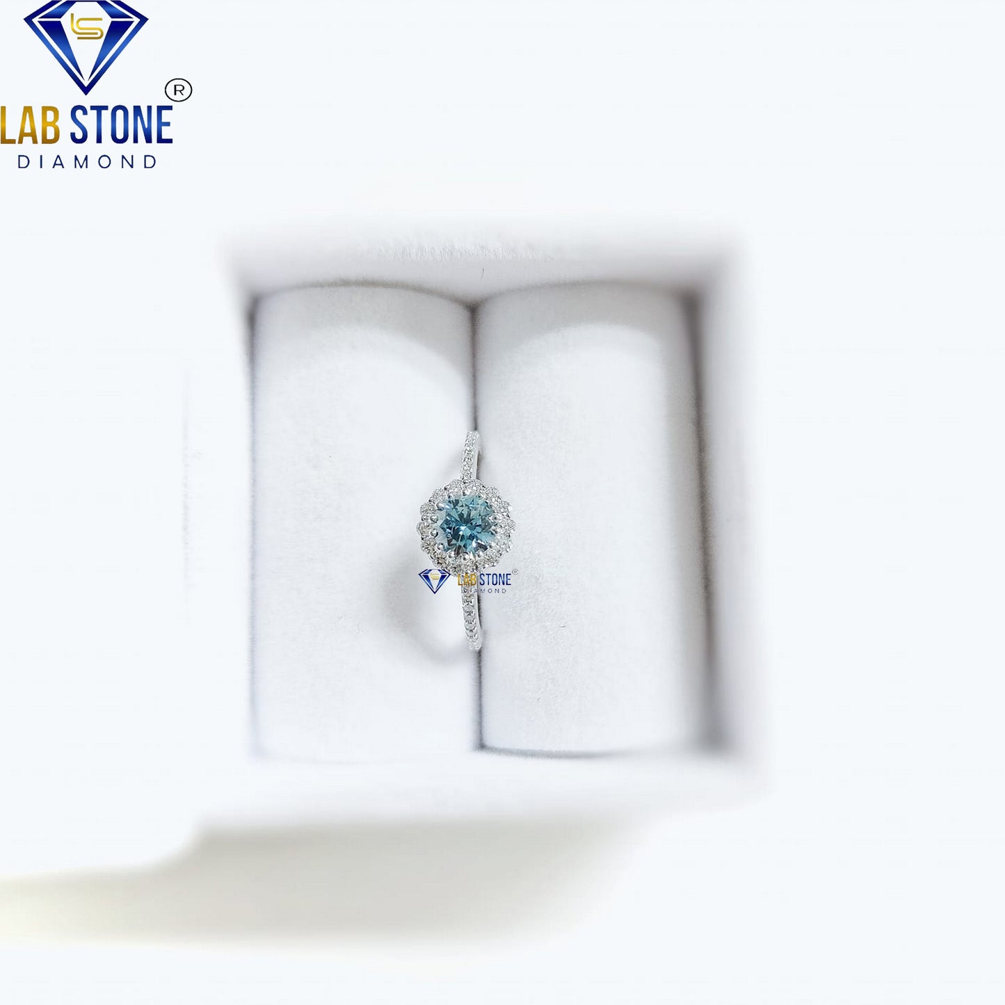 0.53 TDW Blue Round Cut Women’s Halo Diamond Ring