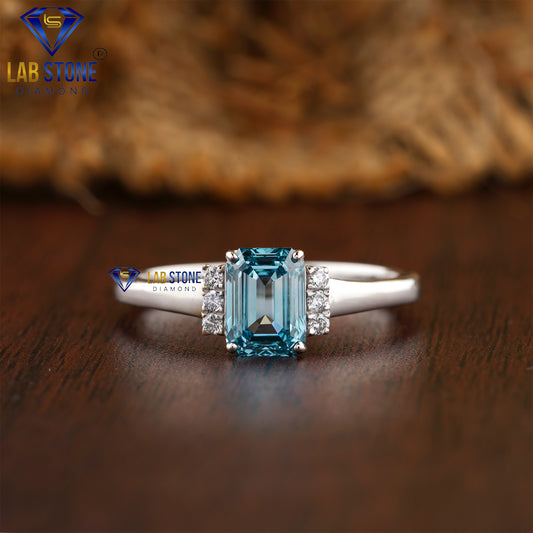 1.06 TDW Fancy Blue Emerald & Round Cut Daimond Women’s Engagement Ring