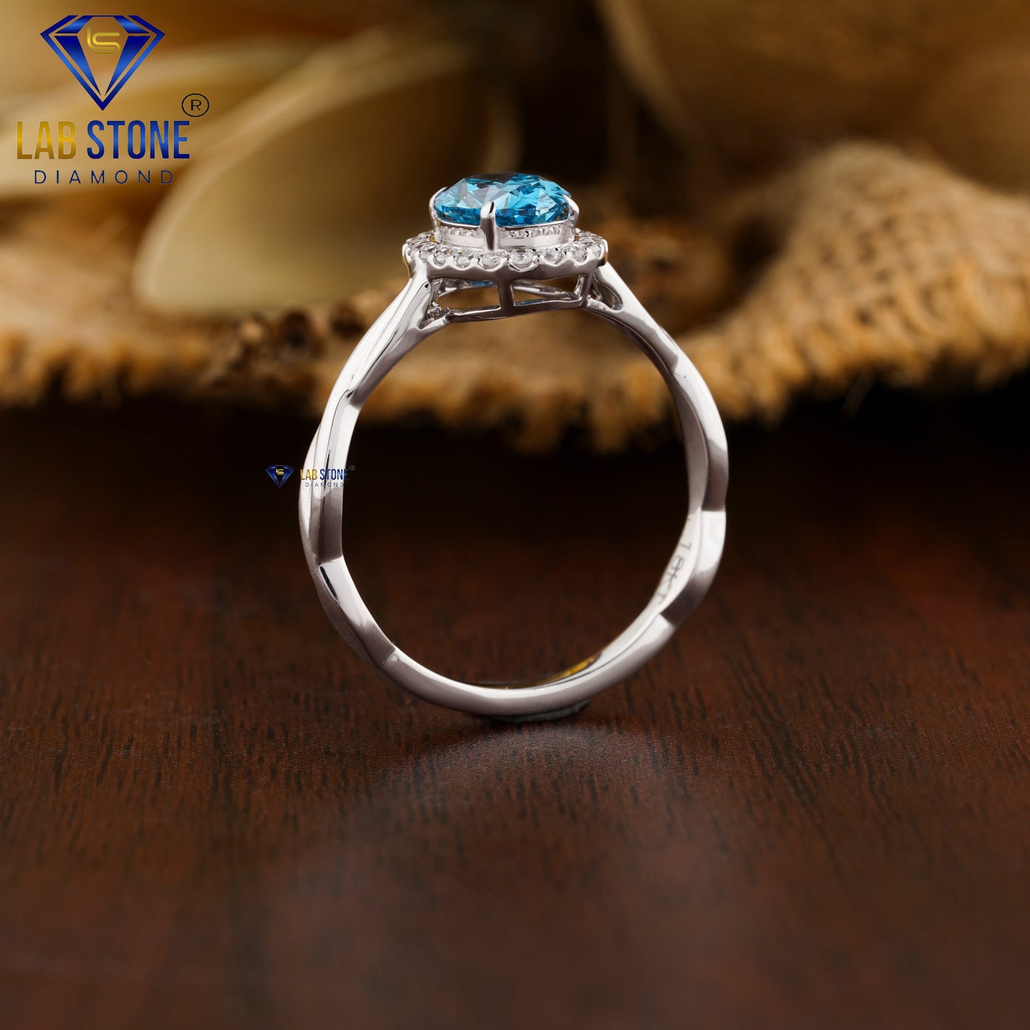 1.07 TDW Fancy Blue Oval & Round Cut Diamond Halo Ring