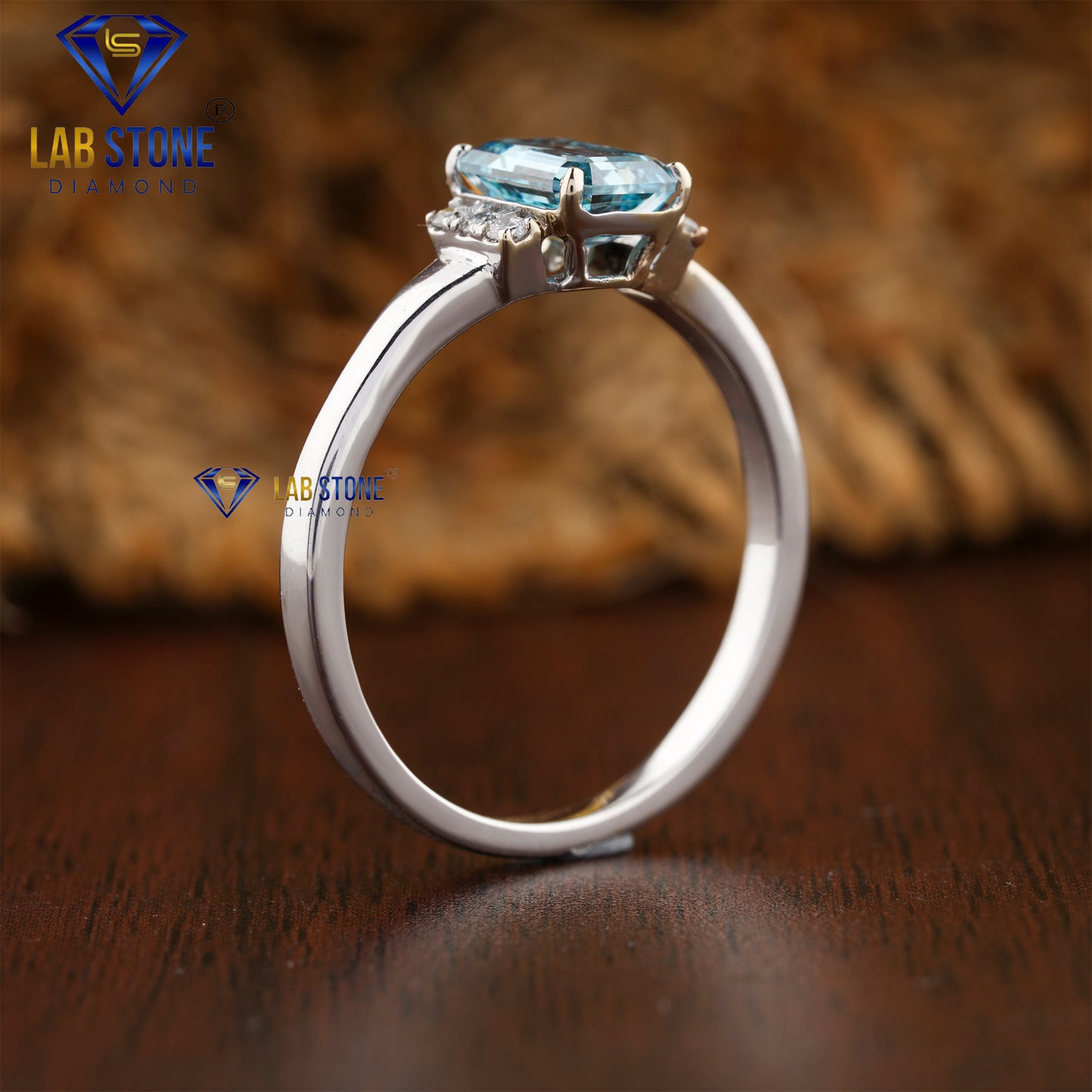 1.06 TDW Fancy Blue Emerald & Round Cut Daimond Women’s Engagement Ring