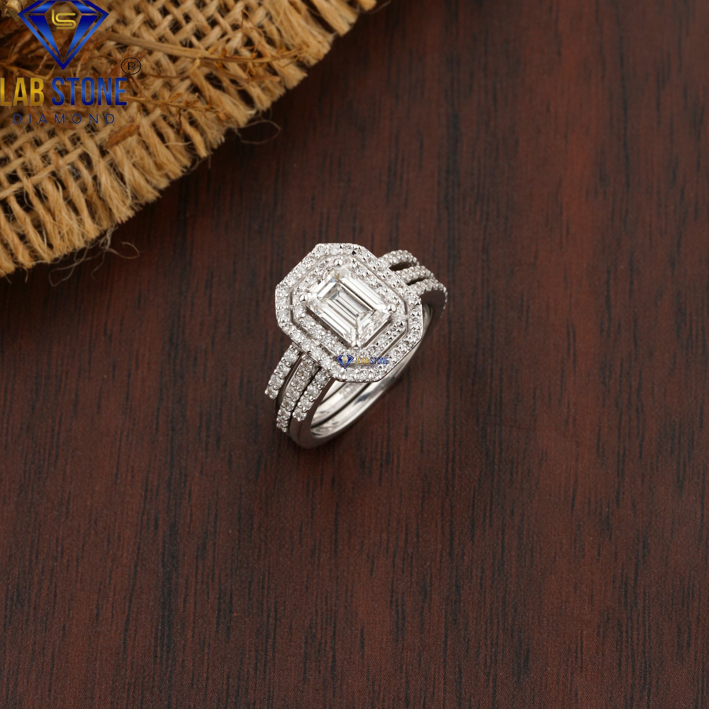 1.47 TDW Emerald & Round Cut Diamond Halo Ring with Band