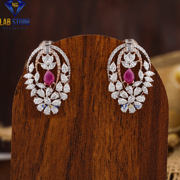 5.89 TDW Ruby Pear, Baguette, Marquise & Round Cut Diamond Pendant & Earring