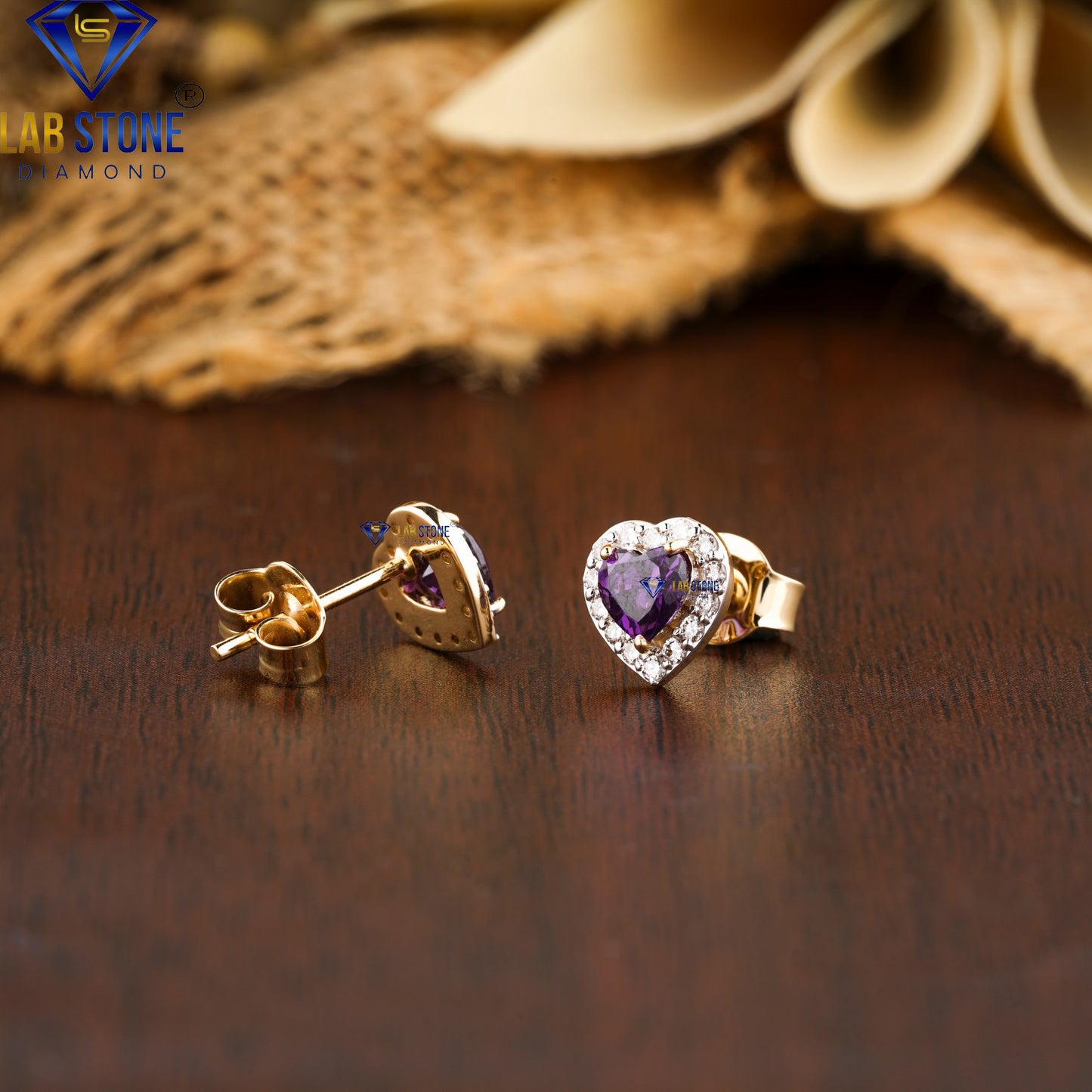 0.72 TDW Amethyst Heart & Round Diamond Stud Earrings