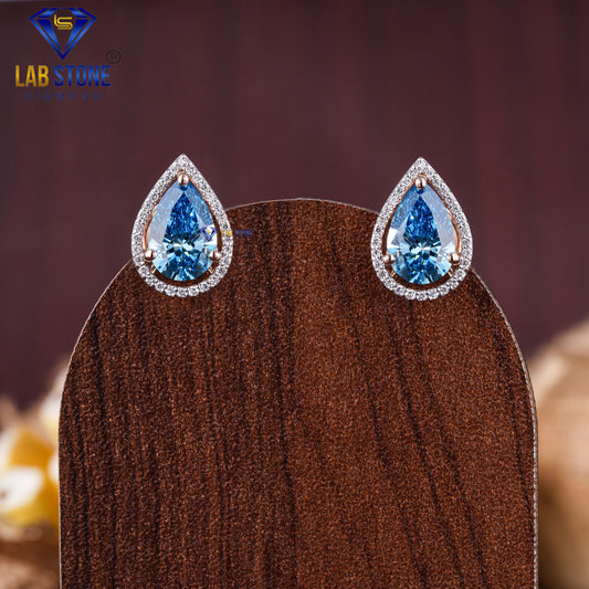 4.31 TDW Fancy Blue Pear & Round Cut Diamond Stud Earring