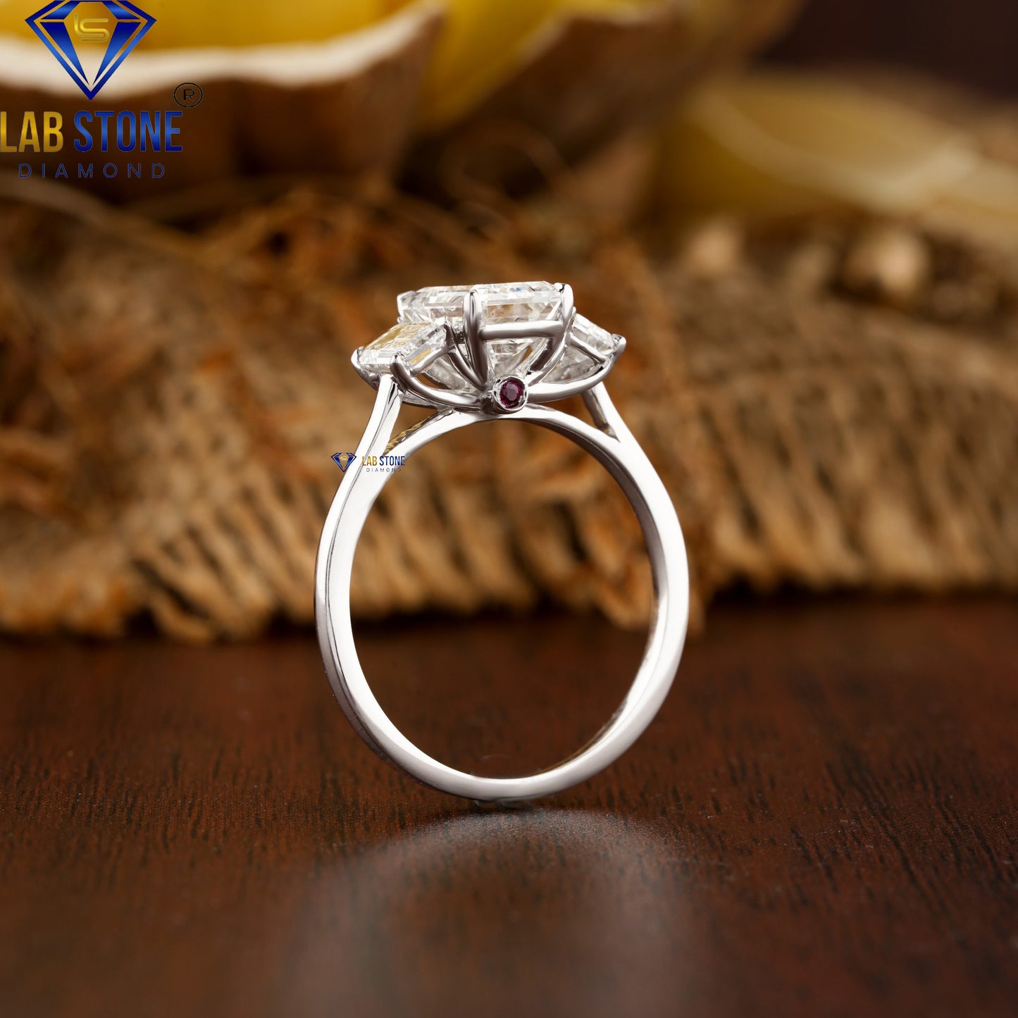 2.10 TDW Emerald & F.P. Round Cut Diamond & Gemstone Three Stone Ring