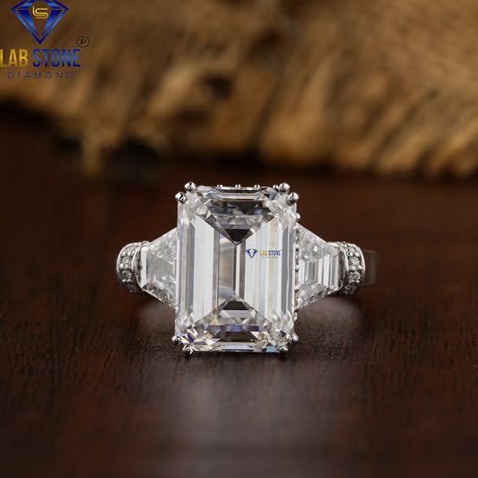 6.53 TDW Emerald, Trapezoid & Round Cut Diamond Halo Engagement Ring