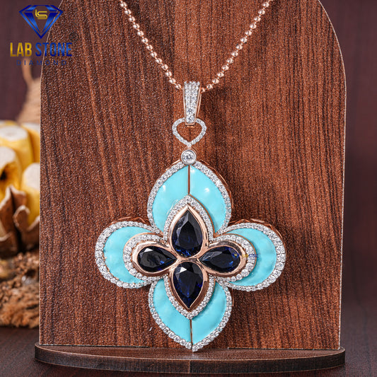 10.49 TDW Blue Pear Gemstone & Round Cut Diamond with Blue Enamel Custom Pendant