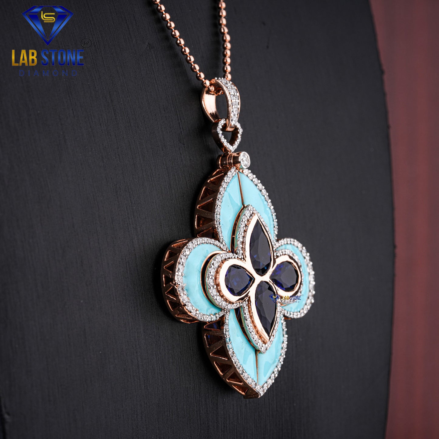 10.49 TDW Blue Pear Gemstone & Round Cut Diamond with Blue Enamel Custom Pendant