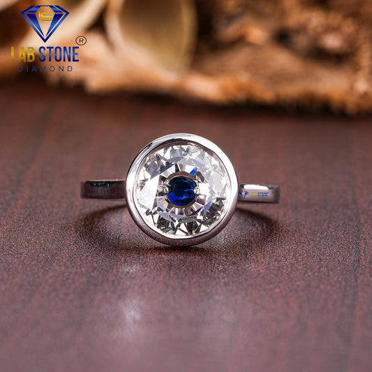 2.30 TDW Round Cut Diamond & Blue Round Gemstone Women’s Engagement Ring