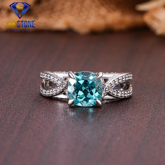 F. Light Blue Cushion & Round Cut Diamond Engagement Ring 3.23 TDW