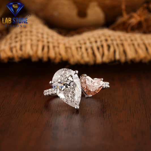 3.36 TDW Fancy Pink Heart, Pear & Round Cut Women’s Engagement Diamond Ring