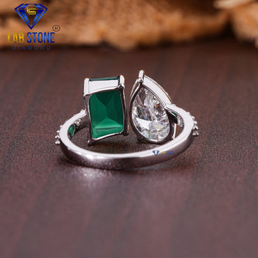 2.93 TDW Pear and Round Cut Diamond with Green Emerald Gemstone Engagement Ring