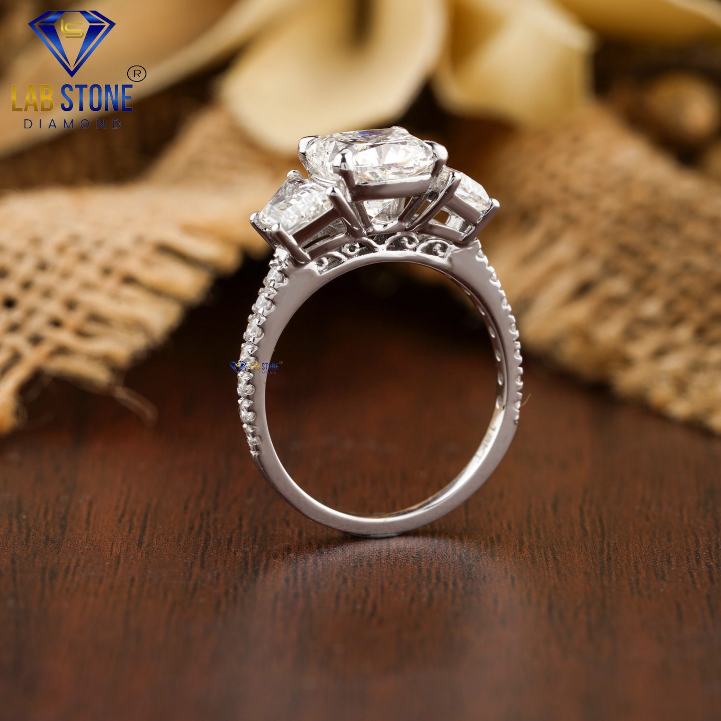 3.50 TDW Trapezoid, Cushion & Round Cut Women’s Engagement Diamond Ring