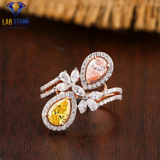 1.68 TDW Fancy Pink, Fancy Yellow Pear, Marquise & Round Cut Women’s Diamond Halo Ring