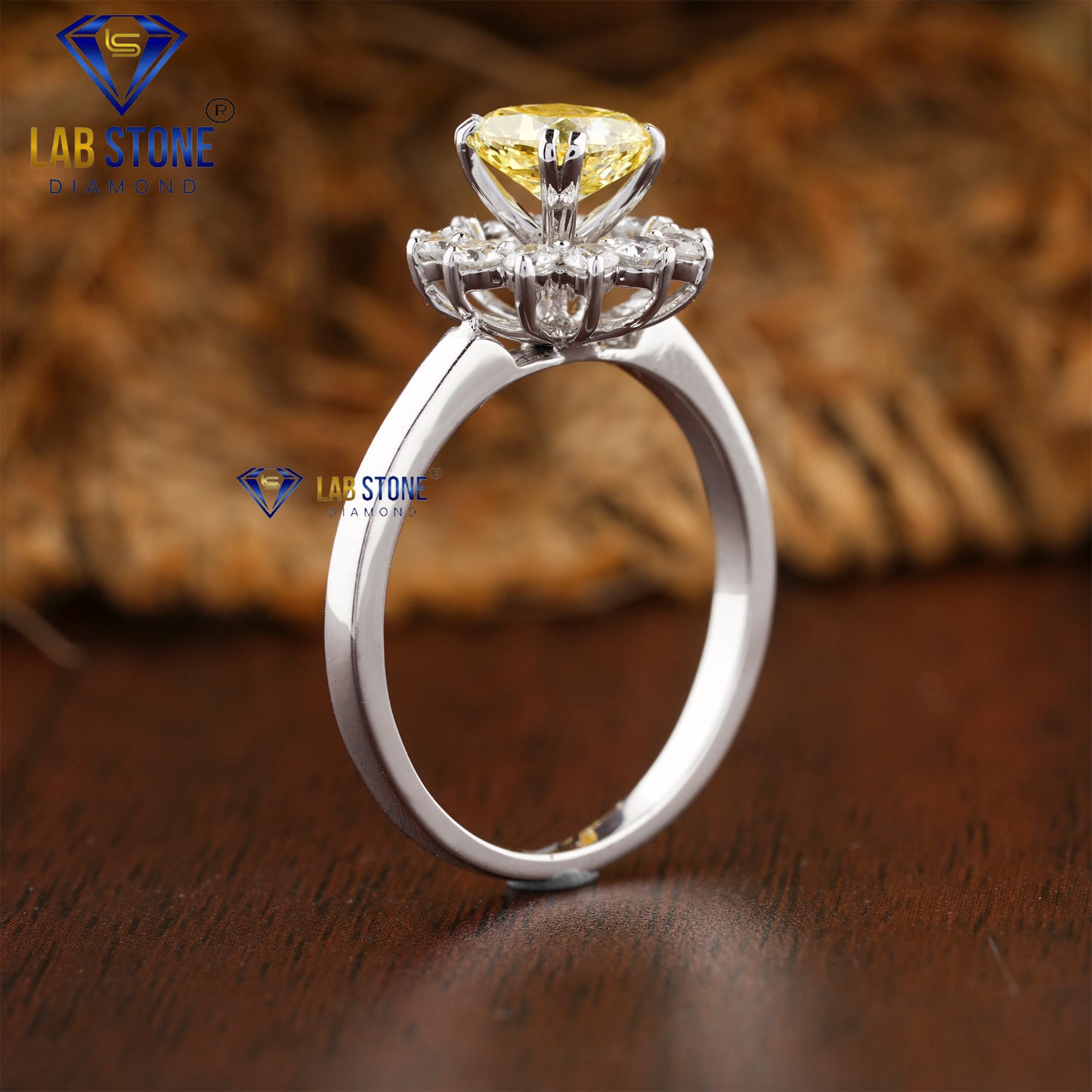 1.42 TDW Fancy Yellow Cushion & Round Cut Daimond Women’s Halo Ring