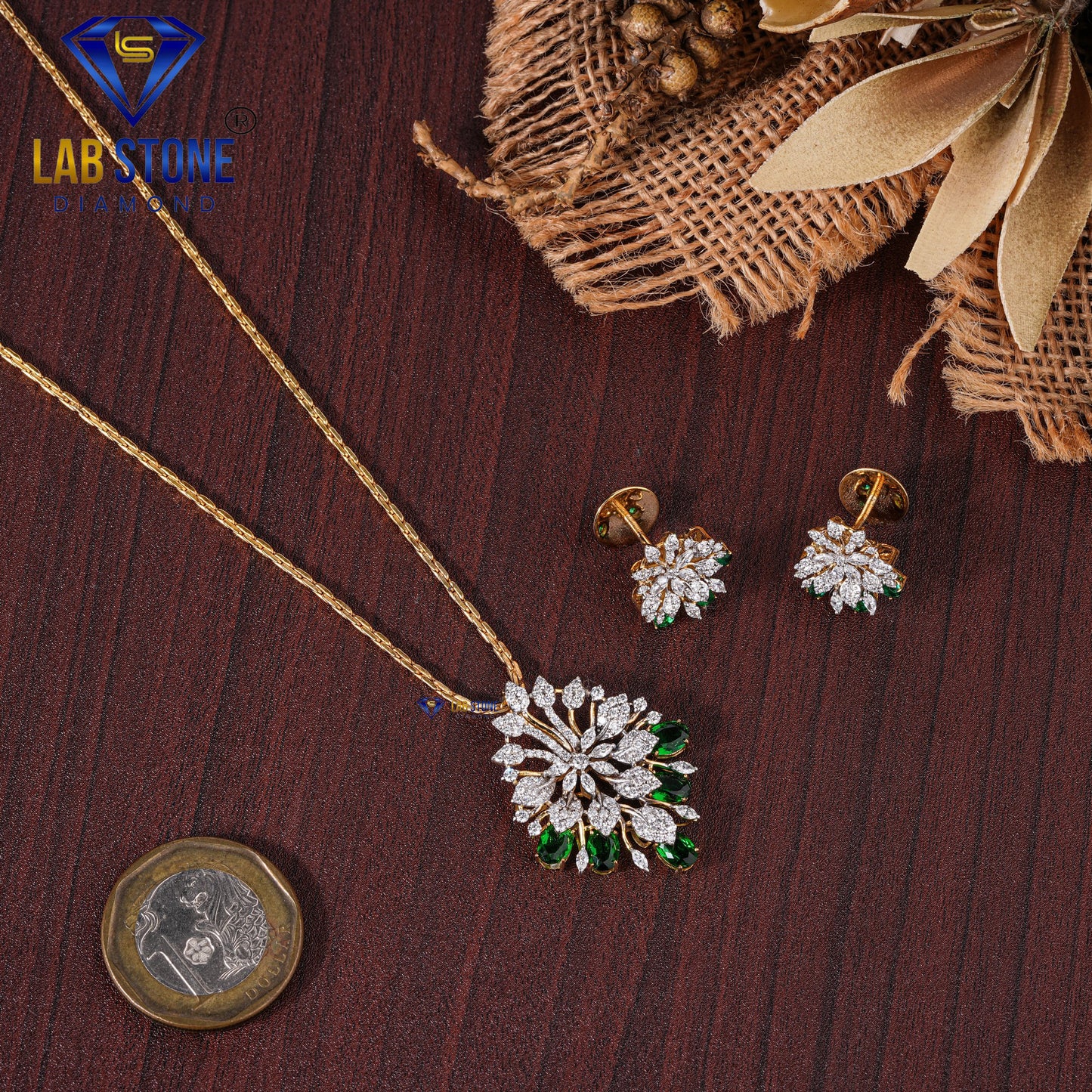 3.62 TDW Emerald Oval & Round & Marquise Cut Diamond Pendant & Earring