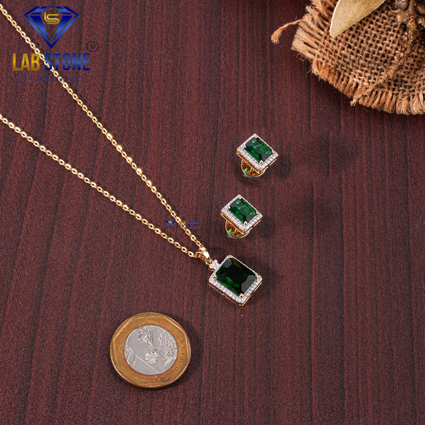 7.40 TDW Emerald Gemstone & Round Cut Diamond Pendant & Earring