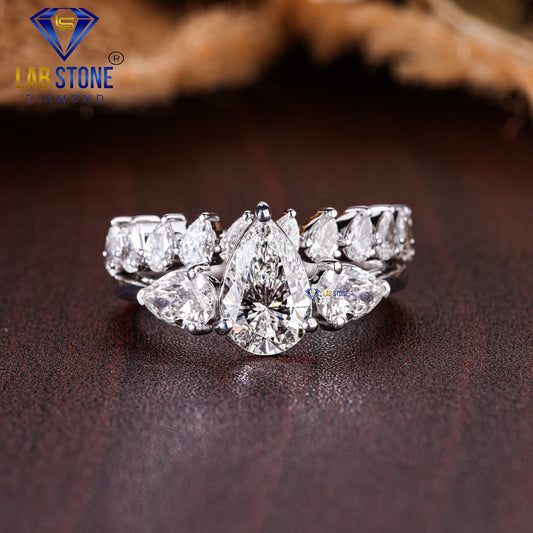 2.58 TDW Pear Cut Women’s Three Stone Diamond Ring with Pear Cut Diamond Band