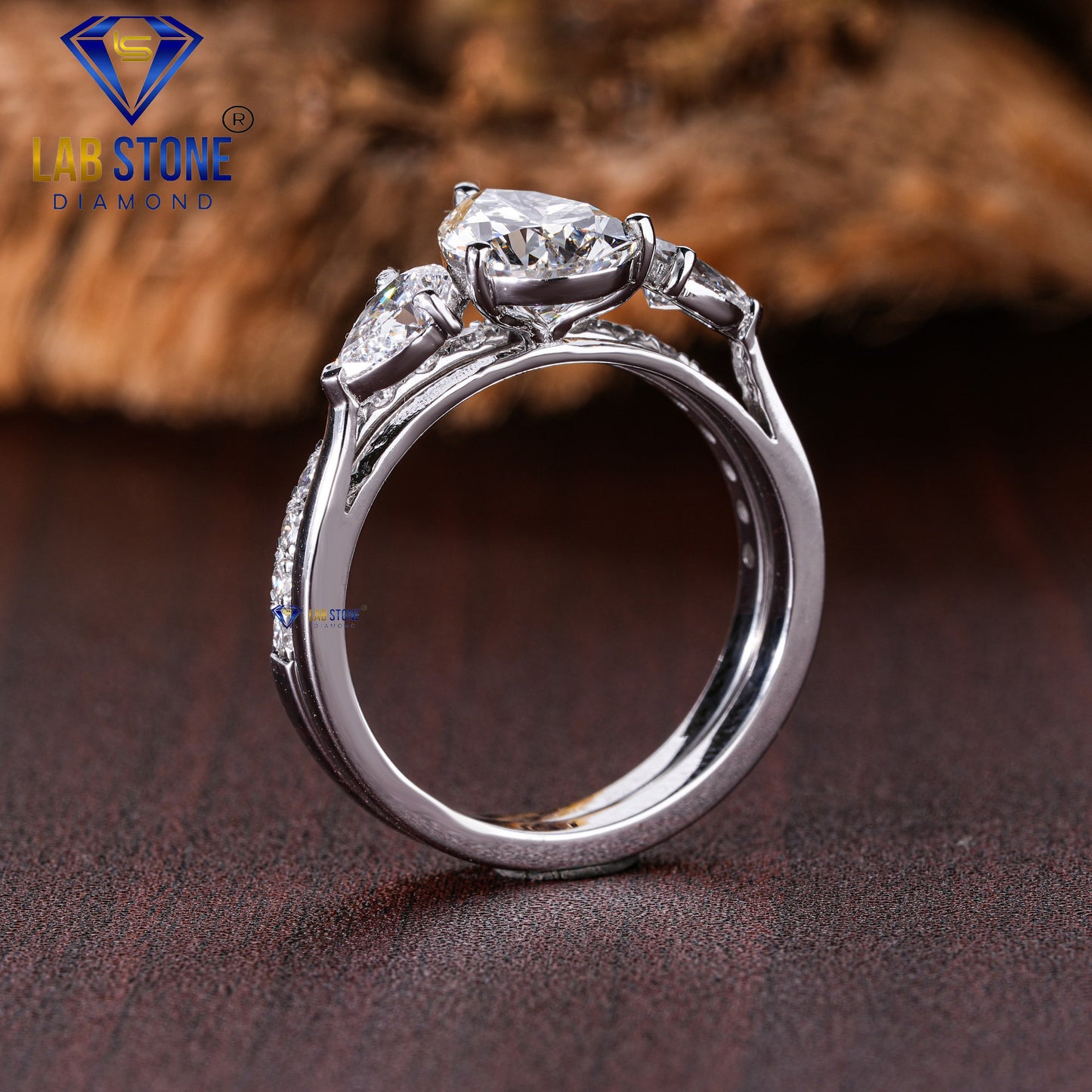 1.79 TDW Pear & Round Cut Women’s Three Stone Diamond Ring with Band