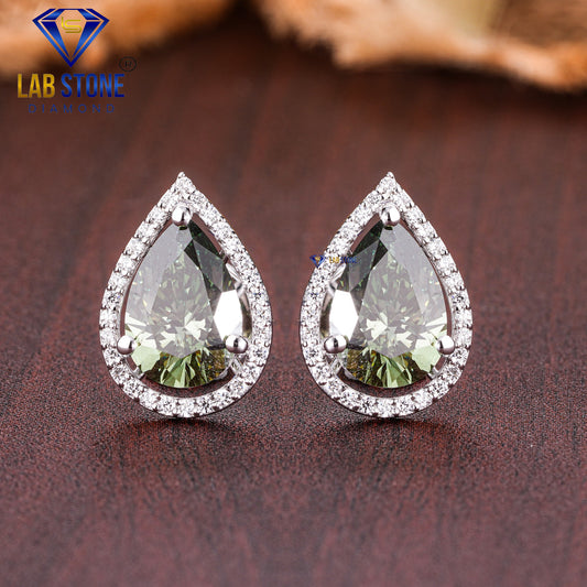 3.94 TDW Fancy Green Pear & Round Cut Diamond Stud Earring