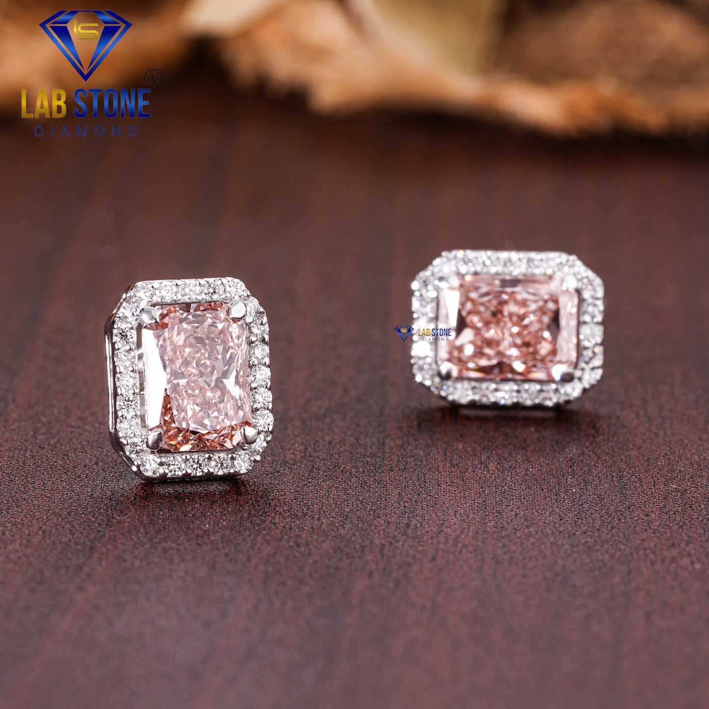 2.00 TDW Fancy Light Pink Radiant & Round Cut Diamond Stud Earring