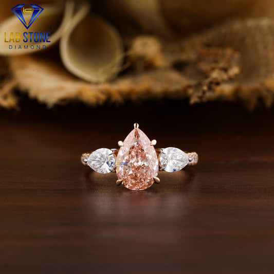 2.83 TDW Fancy Pink Pear & Round Cut Women’s Engagement Diamond Ring
