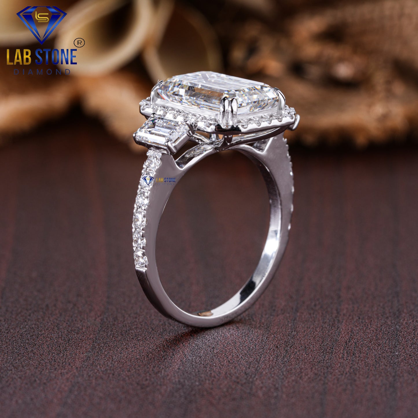 Emerald & Round Cut Diamond Halo Ring, 7.77 TDW