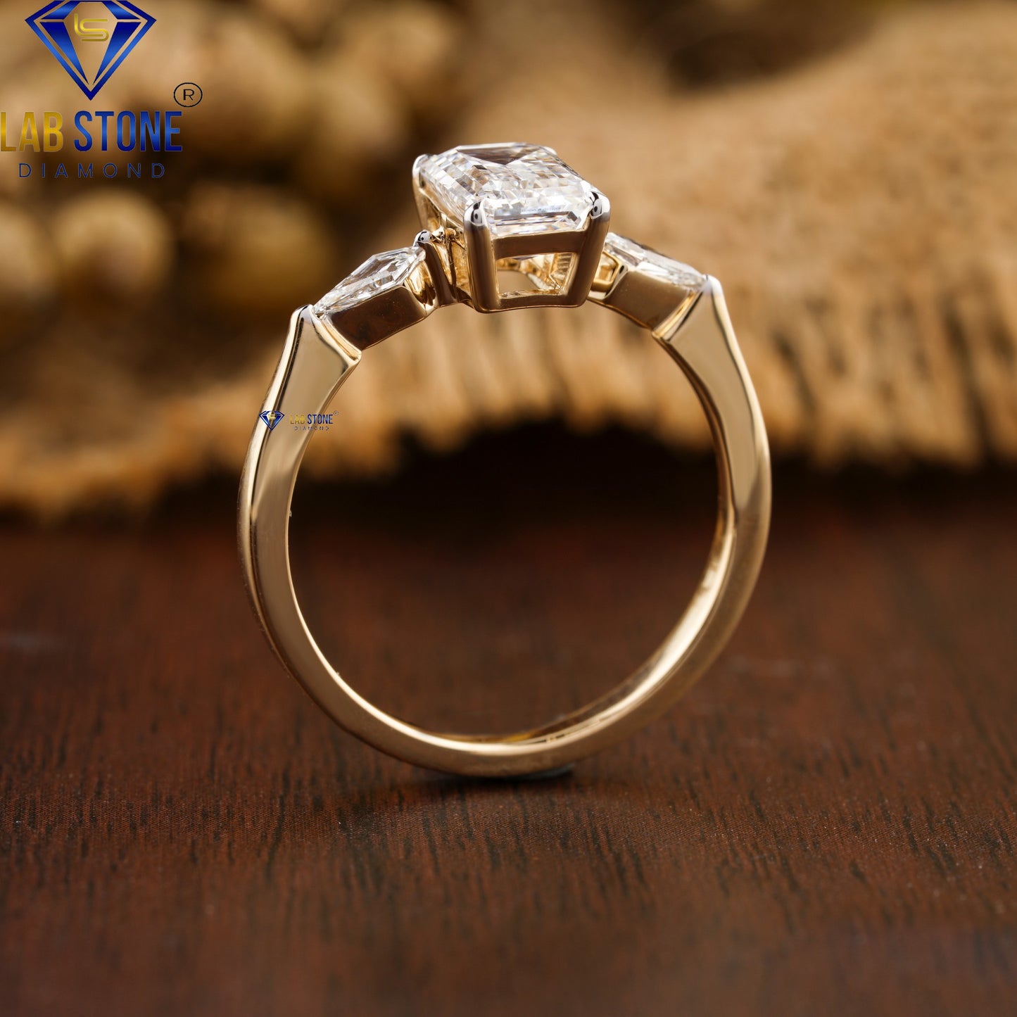 1.93 TDW Emerald and Kite Cut Three Stone Diamond Ring for Women