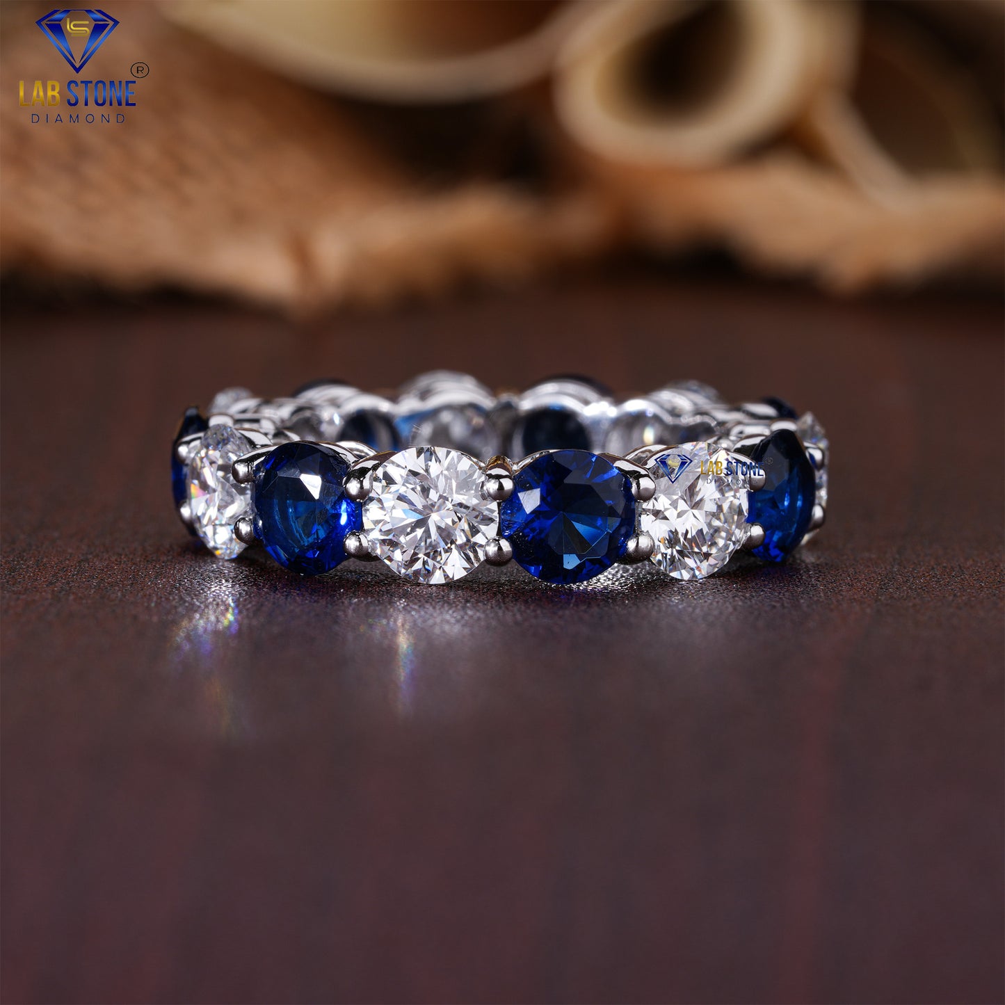 6.72 TDW Round Cut Diamond & Blue Round Gemstone Women’s Eternity Band