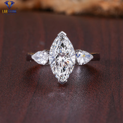 2.56 TDW Marquise & Pear Cut Diamond Women's Three Stone Ring
