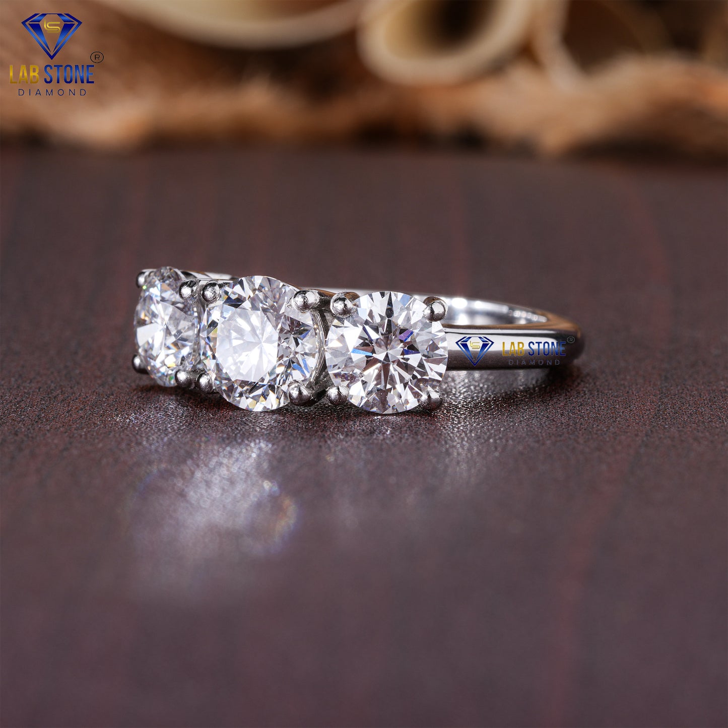 3.66 TDW Round Cut Diamond Women's Three Stone Ring