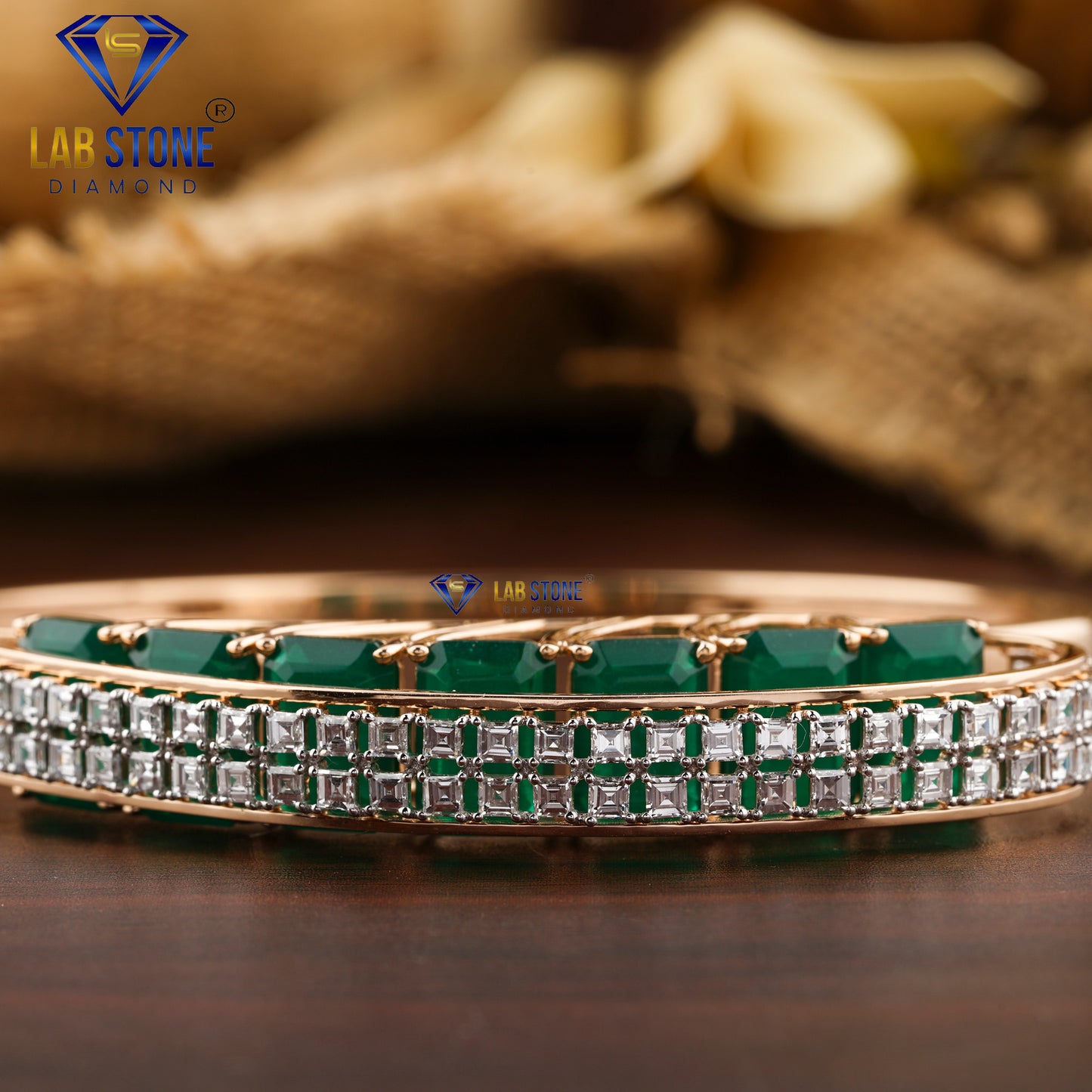 17.10 TDW Carré Diamond & Fancy Green Emerald Gemstone Bangle Bracelet