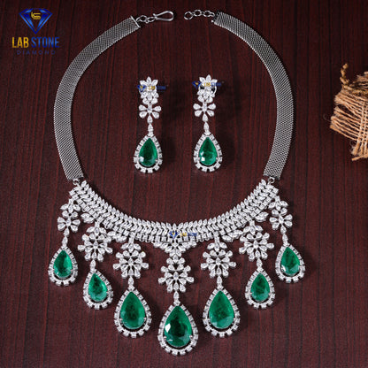 77.40 TDW Pear, Marquise & Princess Cut Diamond and Emerald Gemstone Women’s Charm Necklace