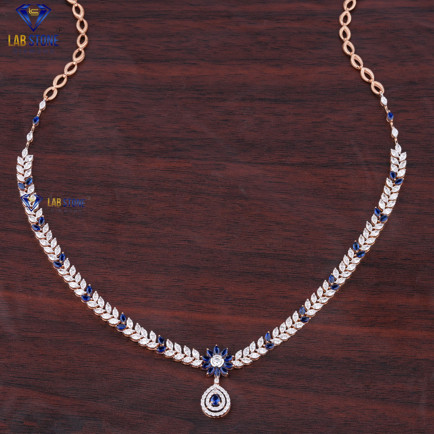 9.553 TDW Fancy Blue Pear & Marquise Gemstone Marquise, Round Diamond Charm Necklace