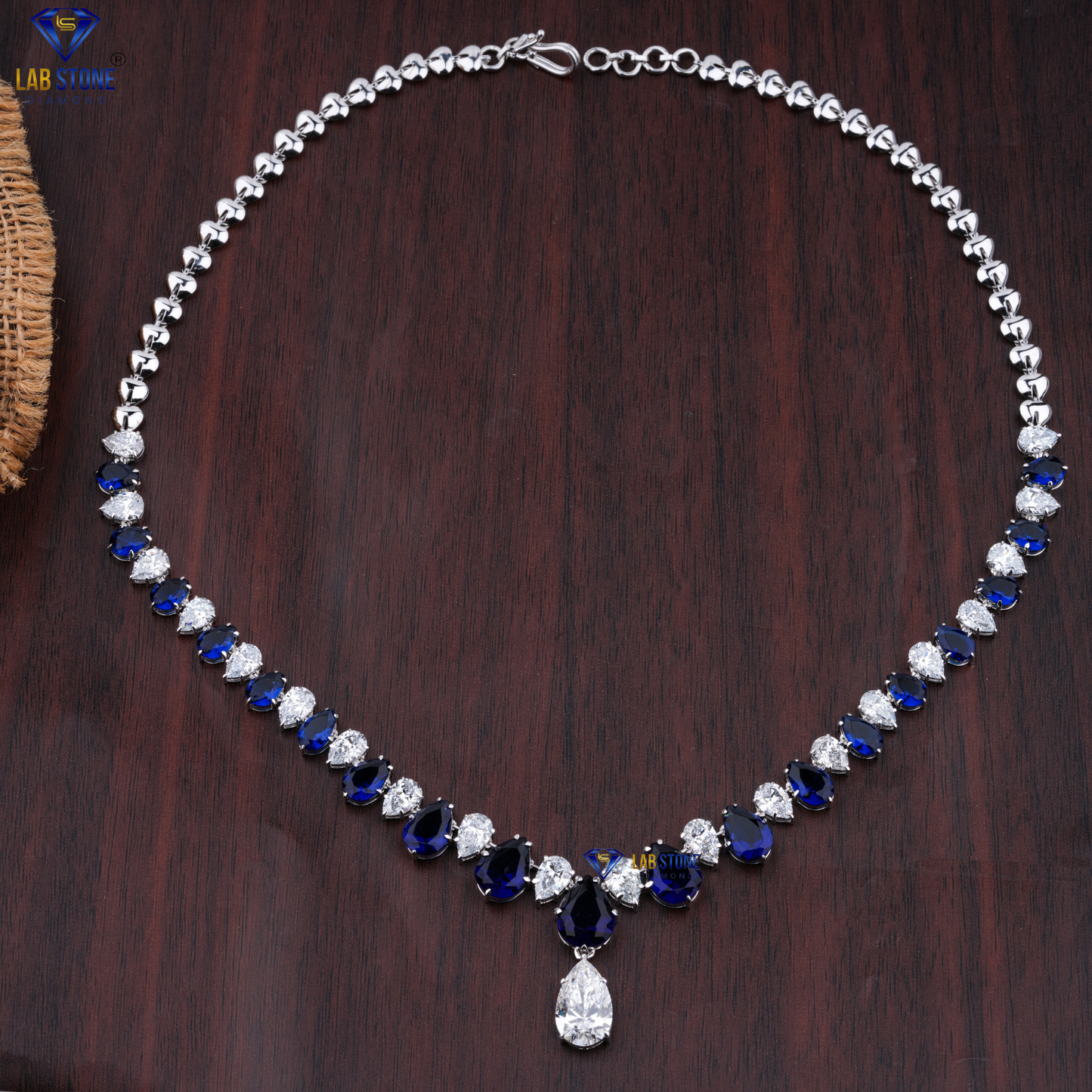 42.61 TDW Pear Cut Diamond & Sapphire Gemstone Charm Necklace
