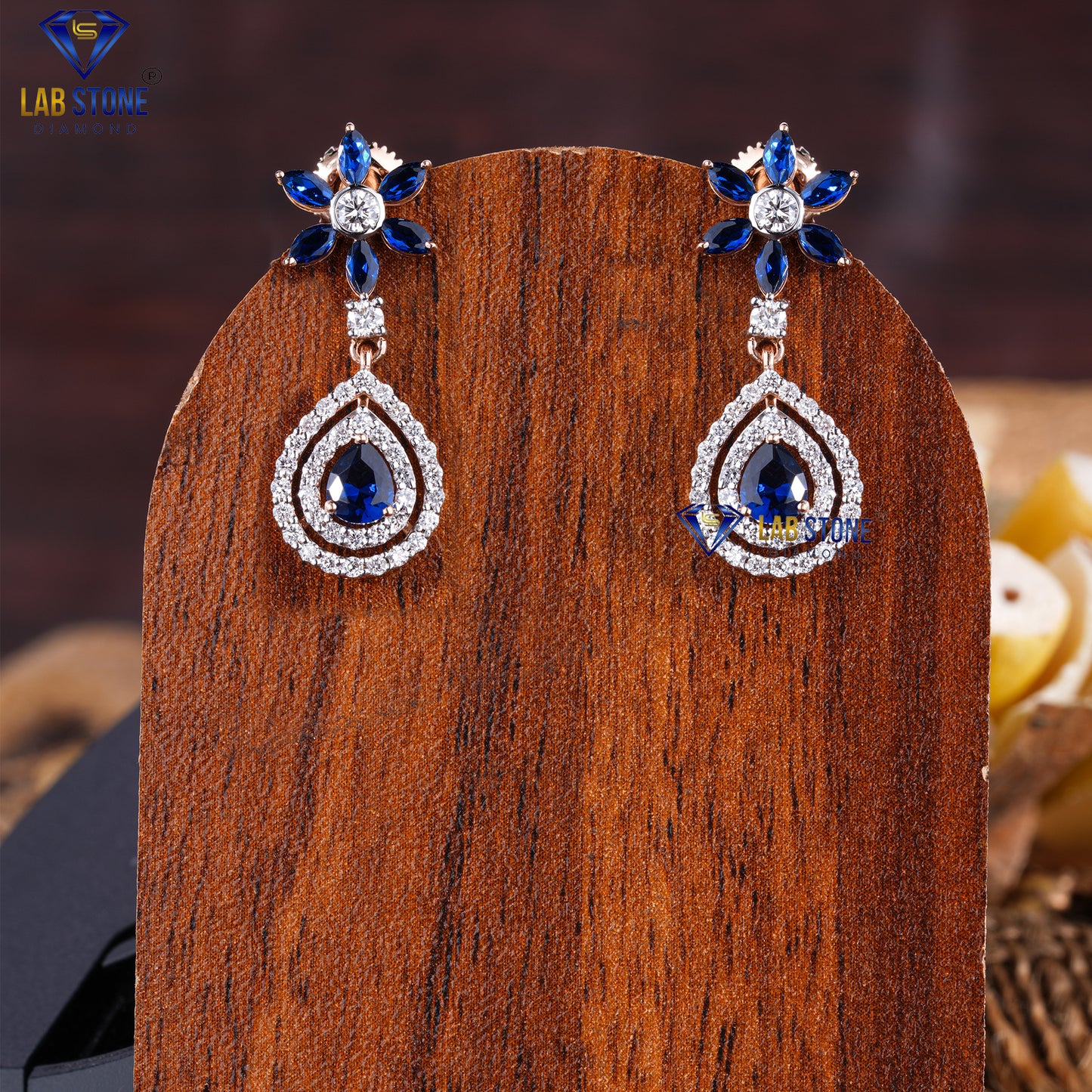 9.553 TDW Fancy Blue Pear & Marquise Gemstone Marquise, Round Diamond Charm Necklace