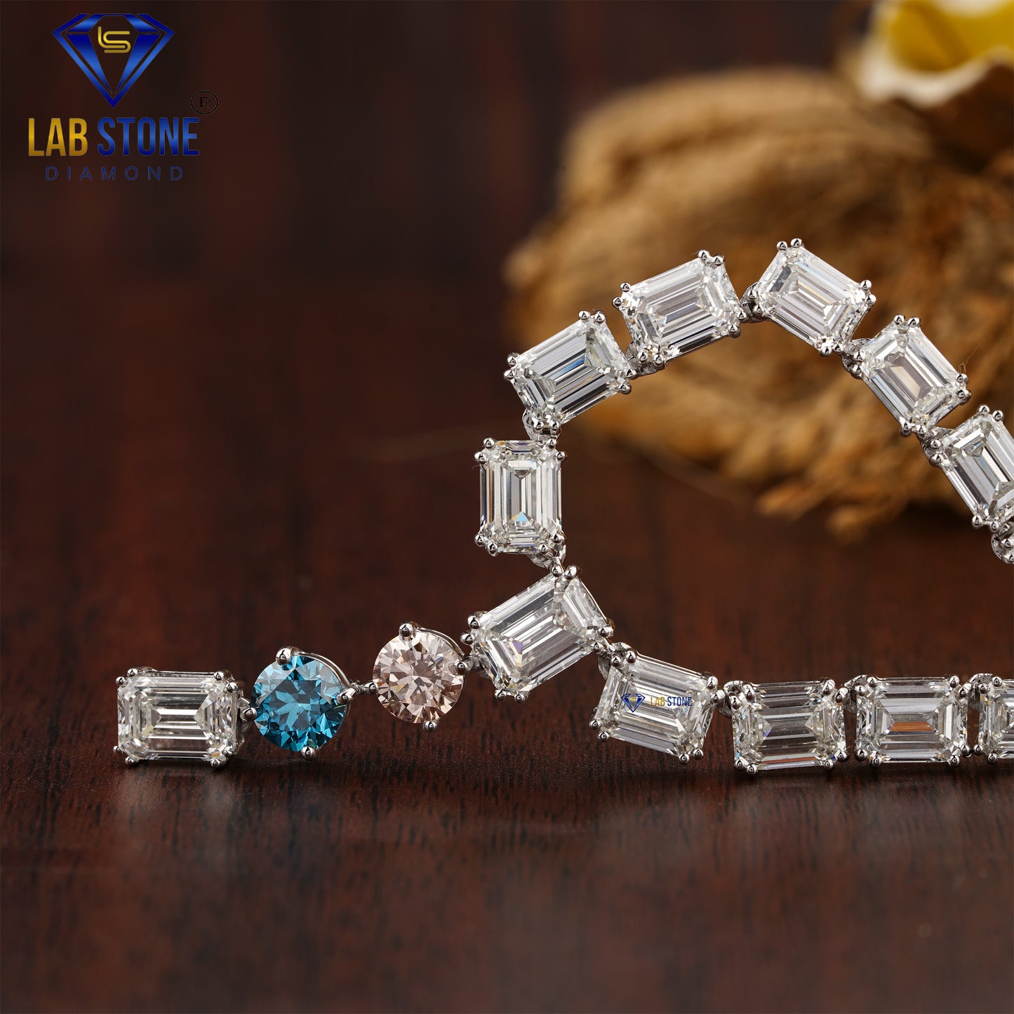 20.23 TDW Emerald & Fancy Blue Round And Pink Round Cut Diamond Charm Necklace