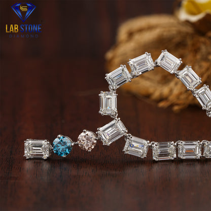 20.23 TDW Emerald & Fancy Blue Round And Pink Round Cut Diamond Charm Necklace