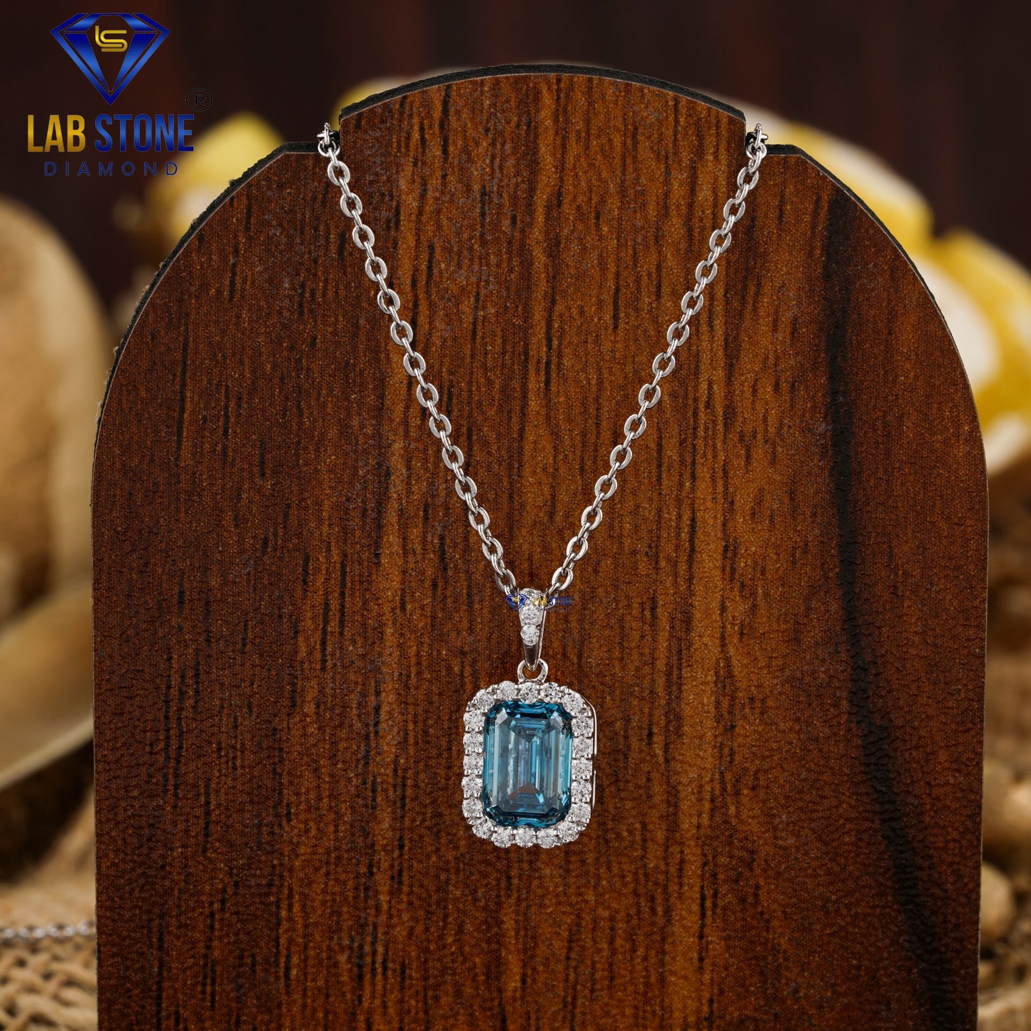 1.101 TDW Fancy Blue Emerald & Round Cut Diamond Custom Pendant With Chain