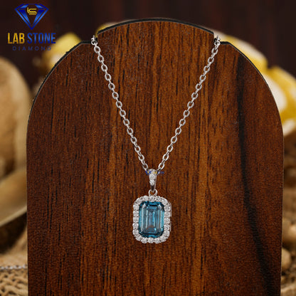 1.101 TDW Fancy Blue Emerald & Round Cut Diamond Custom Pendant With Chain