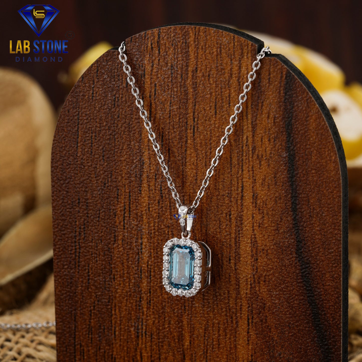 1.101 TDW Fancy Blue Emerald & Round Cut Diamond Custom Pendant With Chain